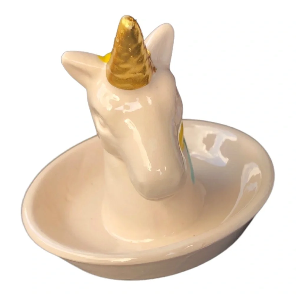 2 ivory ceramic rainbow gold unicorn horn ring jewelry holders new‎
